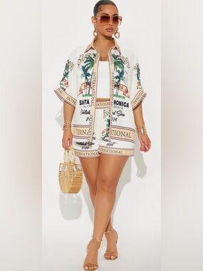 Santa Monica Palm Print Short Sleeve Shirt short 2 set